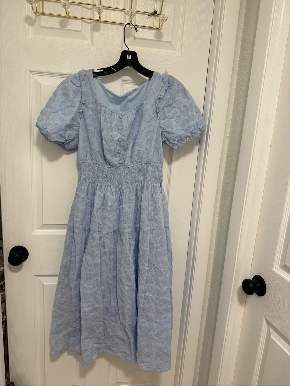 Light Blue Puff-Sleeve Kids Dress with Smocked Waist
